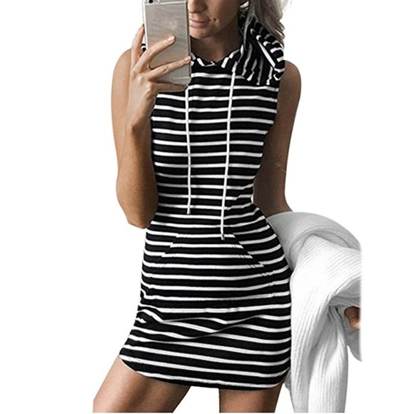 Dresses & Skirts - NEW Black White Striped Front Pocket Hoodie Dress